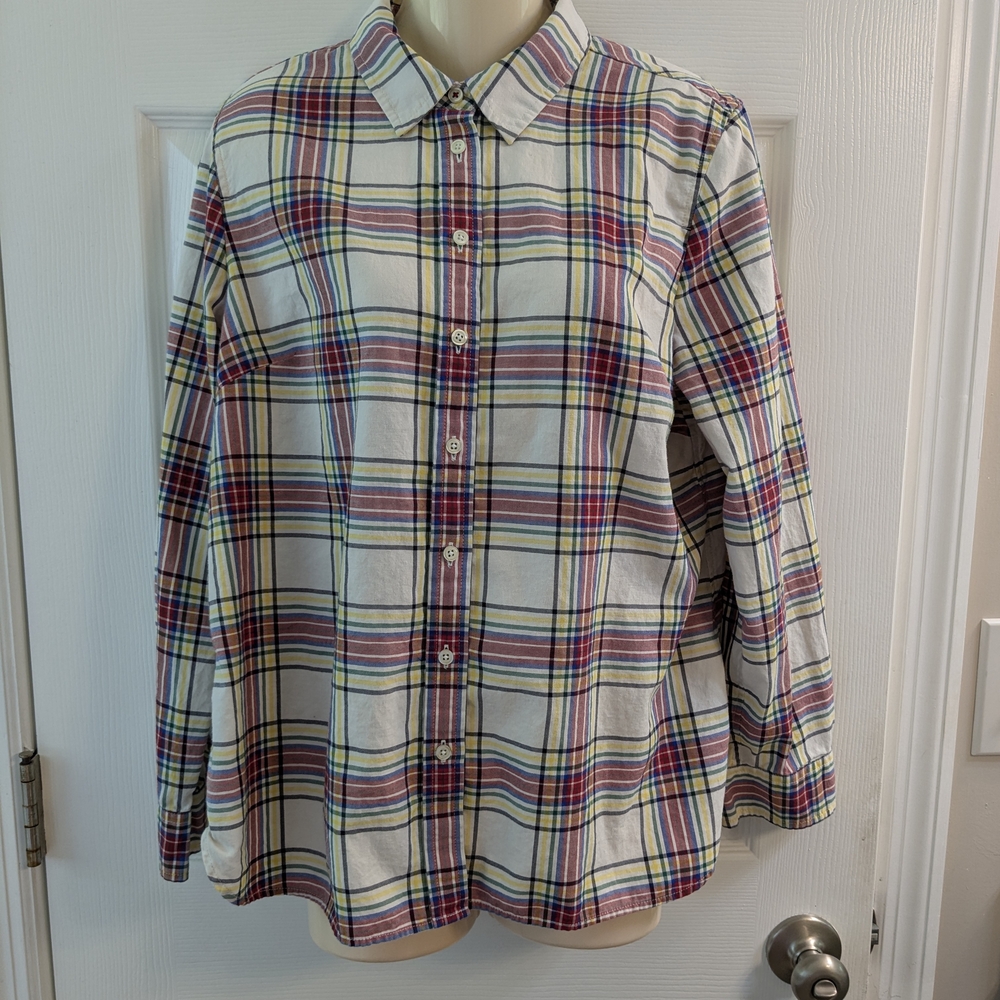 Talbots Women's Red and Blue Plaid Button Down Long Sleeve Shirt Petite Large